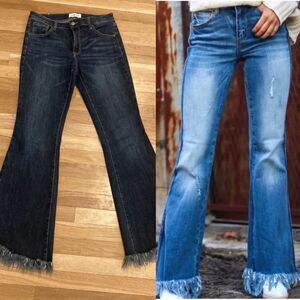 Tricot Dark Blue Mid-Rise Frayed Extra Long Flare Hem 70s Denim Jeans Size 29